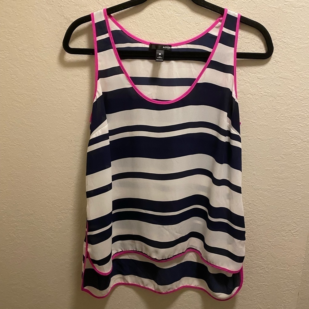Bloomingdales Aqua Blue & White Striped W/ Pink Trim High-Low Blouse Size Small